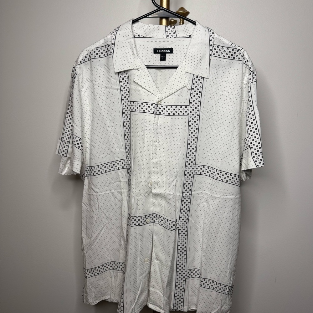 Express Men's White and Black Geometric Shirt